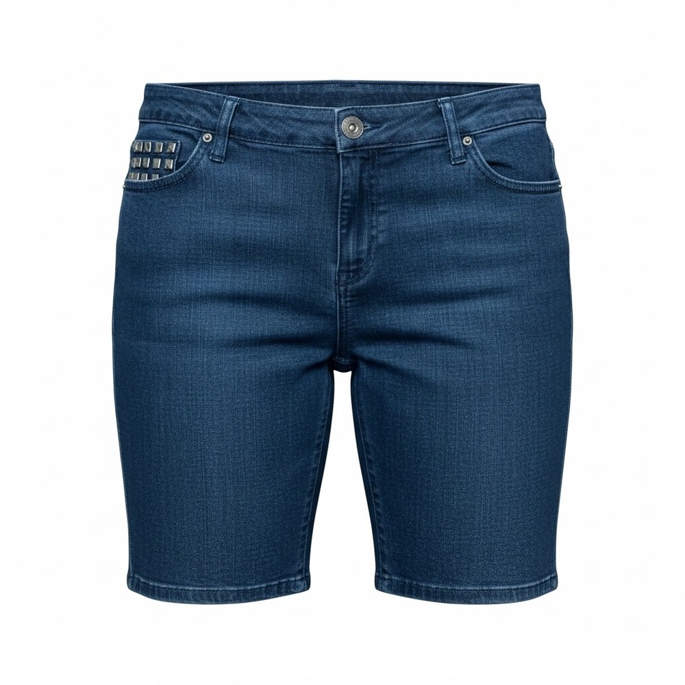 City Streets Womens Studded Denim Bermuda Shorts Dark Wash Blue Size 17 Stretch